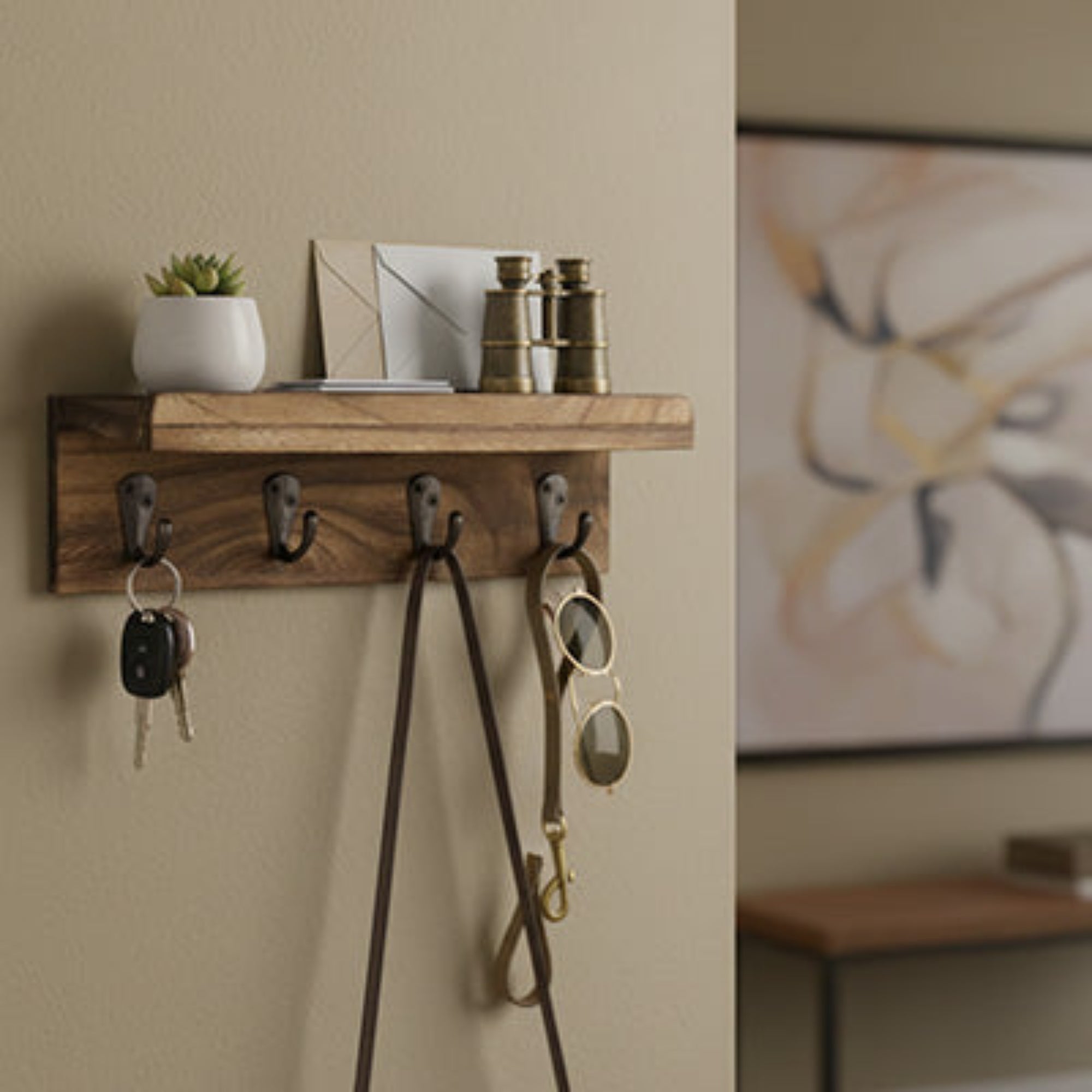 Porte clé mural en bois avec étagère CleariaHome Entry