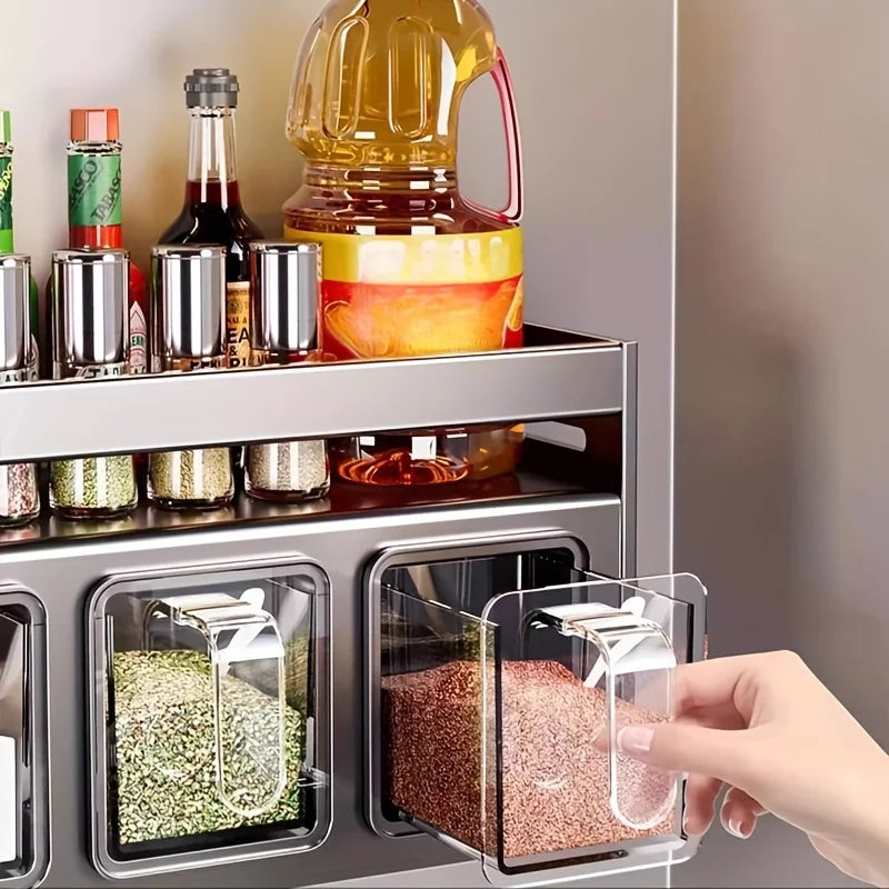 Étagère à épices murale sans perçage avec distributeurs intégrés – CleariaHome Nova-Duo