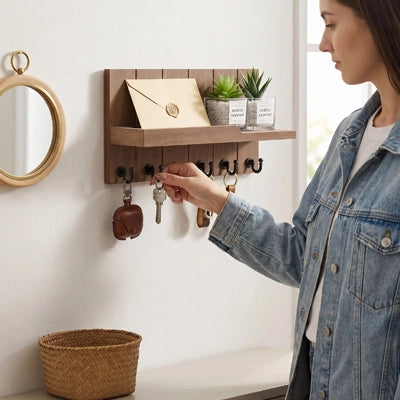 Porte-clés mural en bois avec étagère et porte-courrier – CleariaHome Vesta
