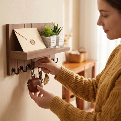 Porte-clés mural en bois avec étagère et porte-courrier – CleariaHome Vesta