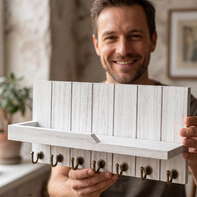Porte-clés mural en bois avec étagère et porte-courrier – CleariaHome Vesta