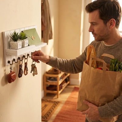 Porte-clés mural en bois avec étagère et porte-courrier – CleariaHome Vesta