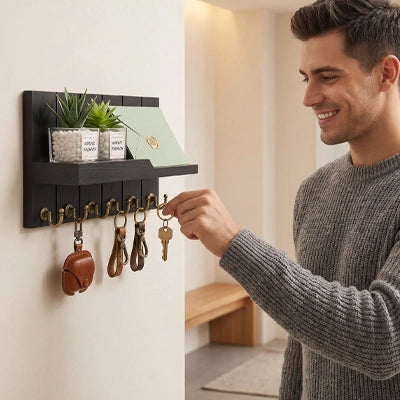 Porte-clés mural en bois avec étagère et porte-courrier – CleariaHome Vesta