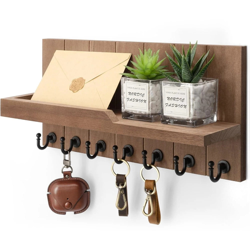Porte-clés mural en bois avec étagère et porte-courrier – CleariaHome Vesta