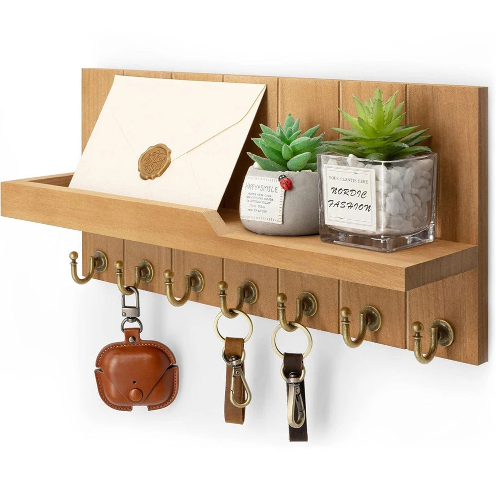 Porte-clés mural en bois avec étagère et porte-courrier – CleariaHome Vesta